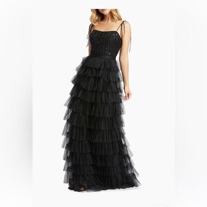 NWT Mac Duggal Ieena Black Tiered Tulle and Sequin Dress